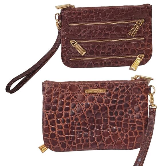 Rebecca Minkoff Zip Wallet Clutch Leather Brown Croc Gold Hardware Zippers - Picture 1 of 7